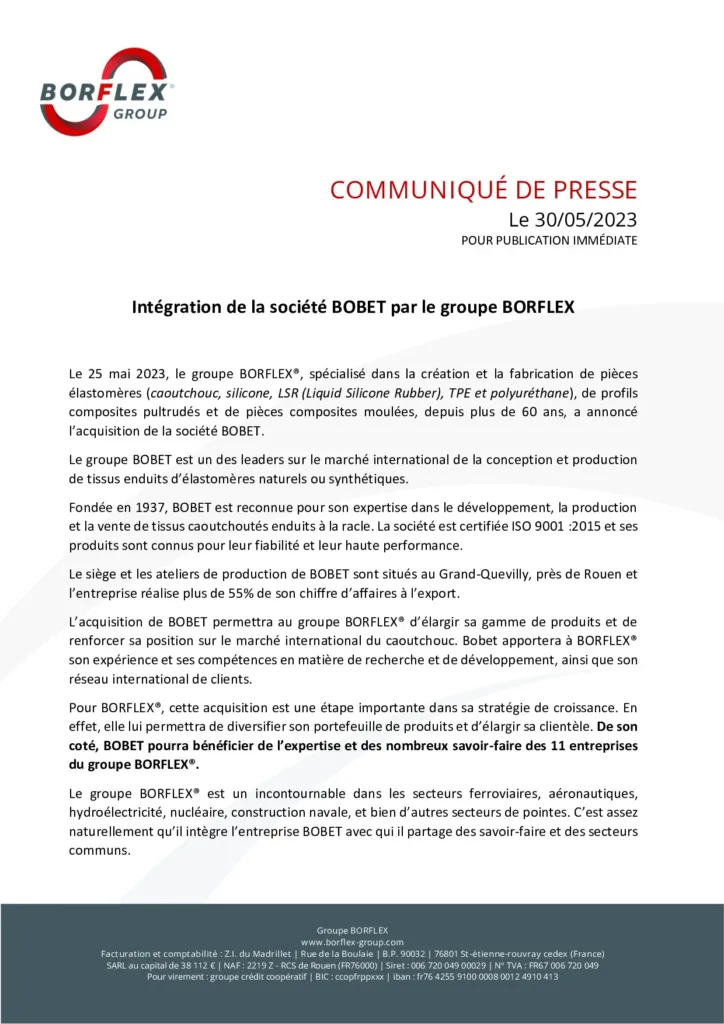 Intégration de la société BOBET par le groupe BORFLEX