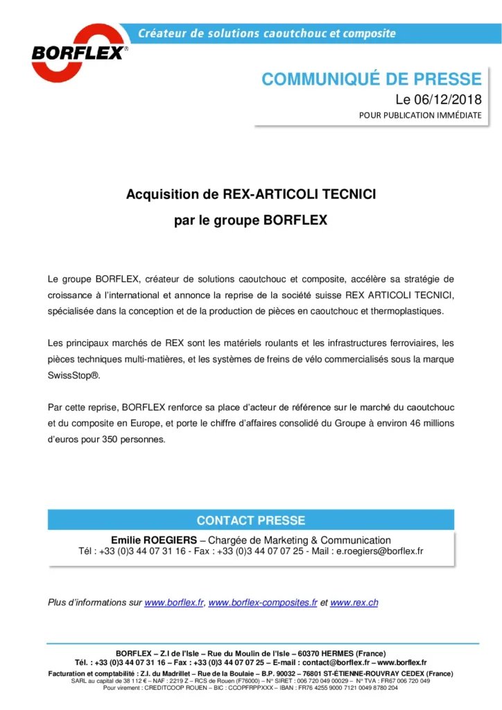Acquisition de REX-ARTICOLI TECNICI par le groupe BORFLEX