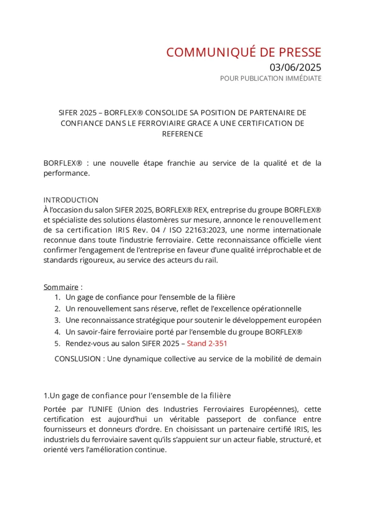 SIFER 2025 – BORFLEX® consolide sa position de partenaire de confiance dans le ferroviaire grâce à une certification de référence