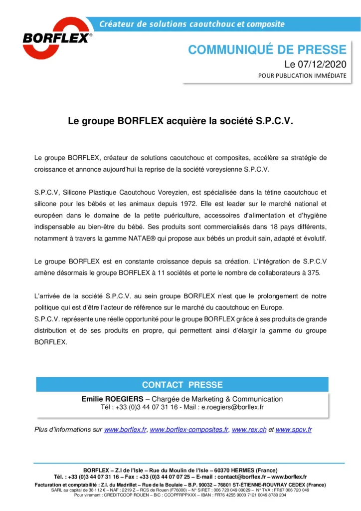 Le groupe BORFLEX acquière la société S.P.C.V.