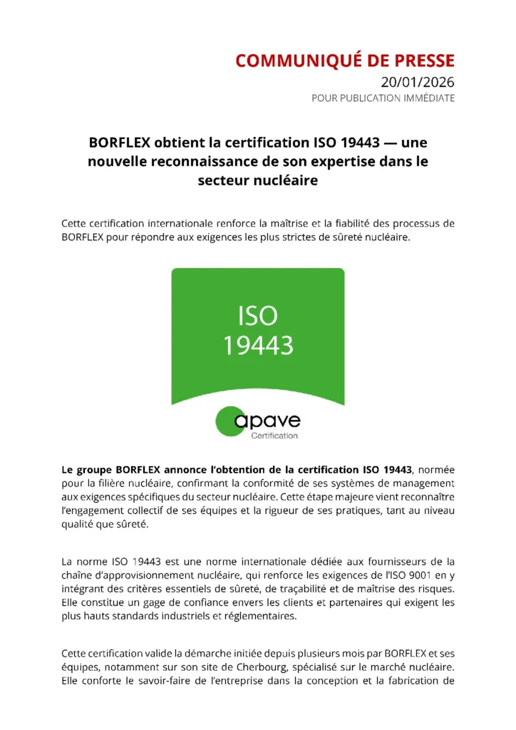 BORFLEX® obtient la certification ISO 19443 – une nouvelle reconnaissance de son expertise dans le secteur nucléaire